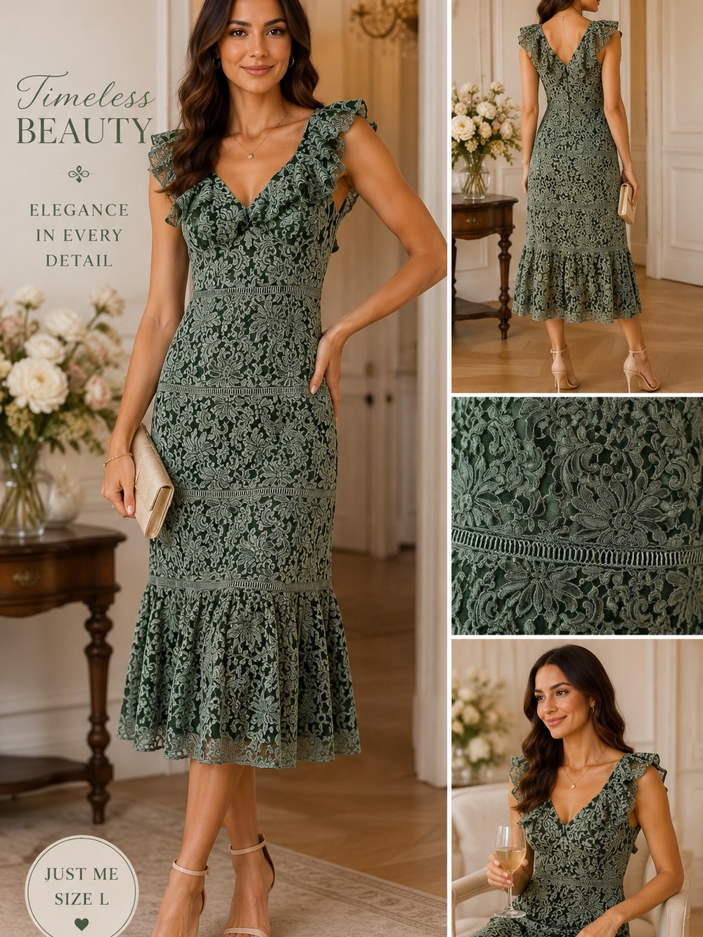 Just Me Olive Green Lace Ruffle Midi Dress
